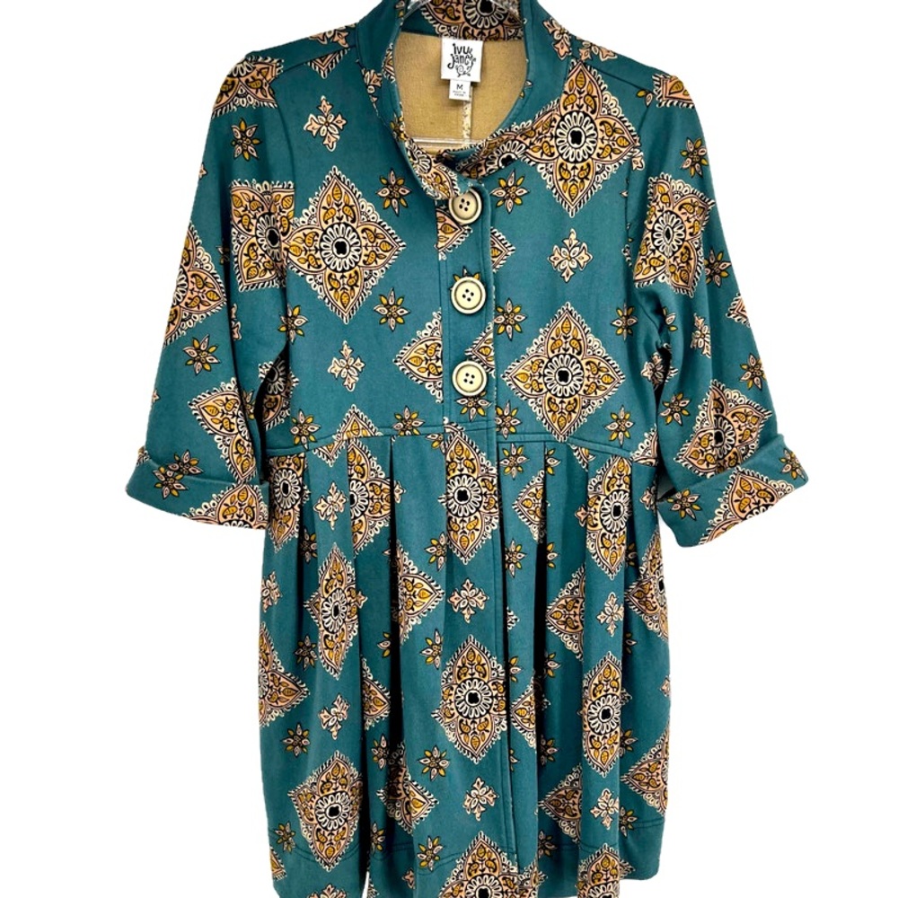 Ivy Jane Dress Cottage Core Vintage Pleated Antiqued Buttons Womens Size M Green